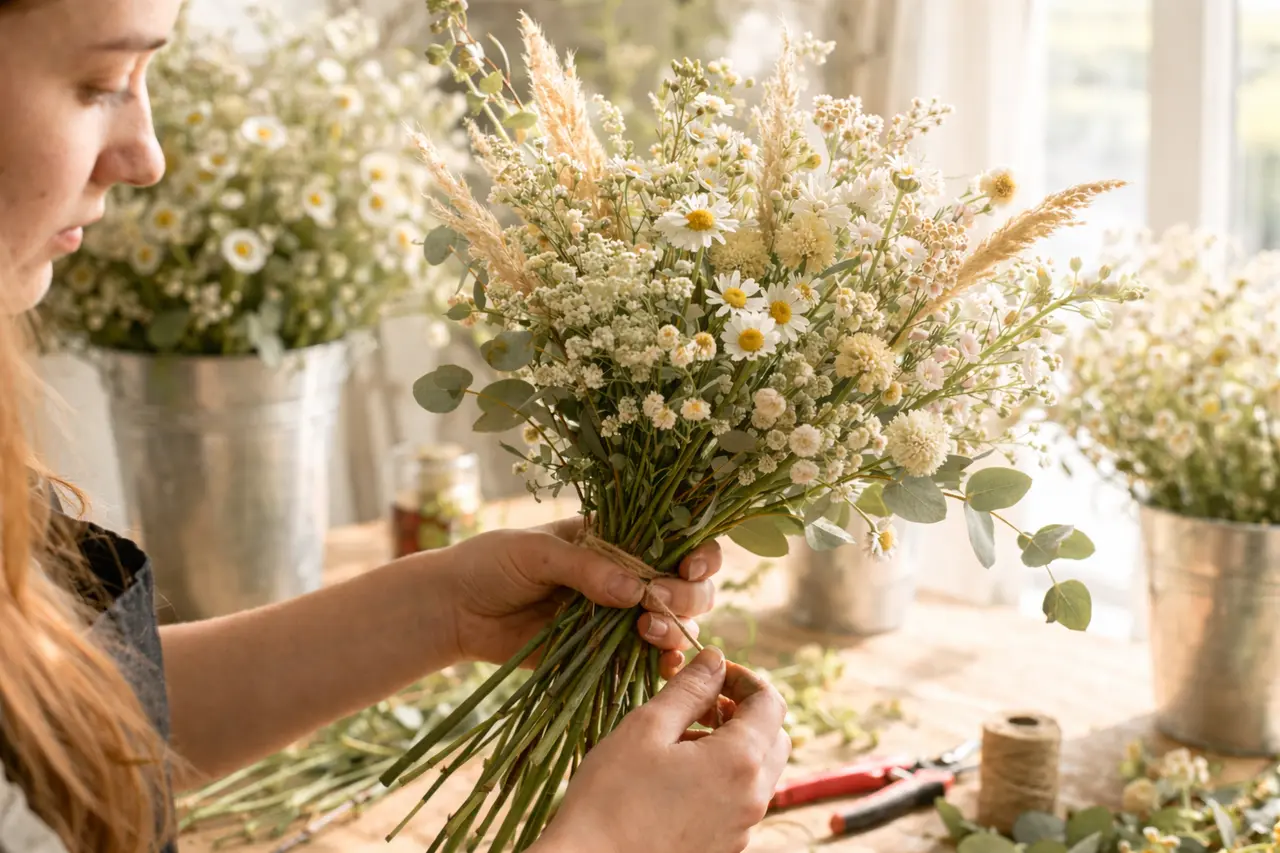 A florist carefully crafting a bouquet