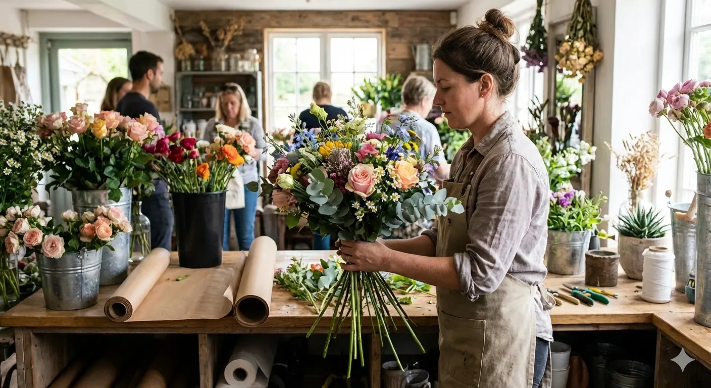 A florist carefully preparing a bouquet