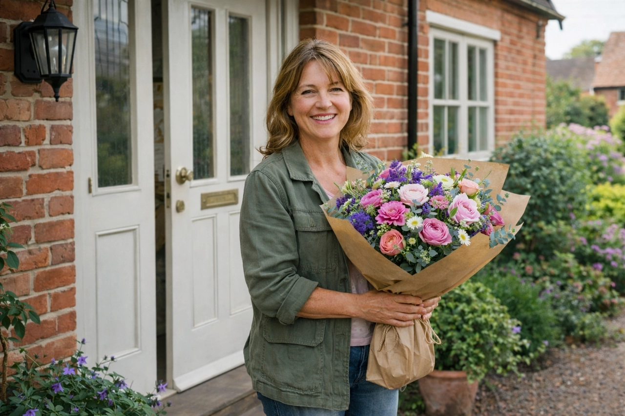 A woman holding a large bouquet of flowers.