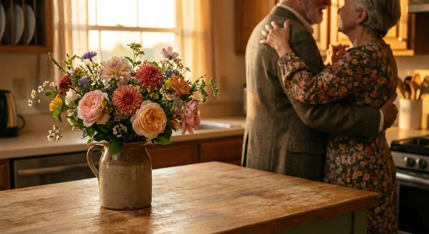A beautiful bouquet of flowers on a kitchen table with a couple dancing in the background.